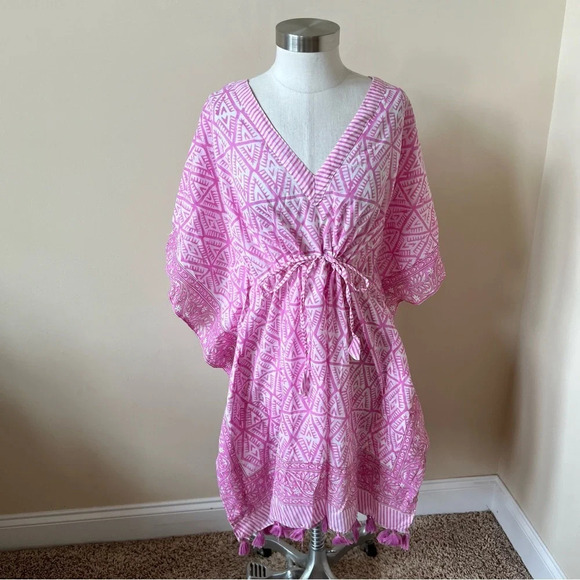 Holicow block print tassel trim caftan beach cover up 17857 - Picture 2 of 8